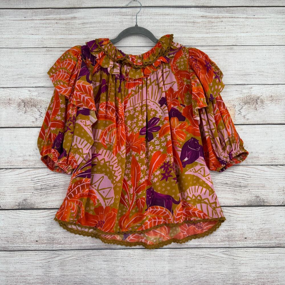 Farm Rio Floral Ruffled Crochet Trim‎ Blouse Womens Medium Purple Orange NEW